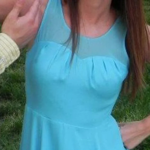 Express | Dresses | Express Light Blue Dress With Sheer Neckline | Poshmark Express | Dresses | Express Light Blue Dress With Sheer Neckline | Poshmark